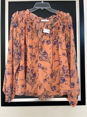 Socialite Peach Floral Peasant Blouse with Purple Print